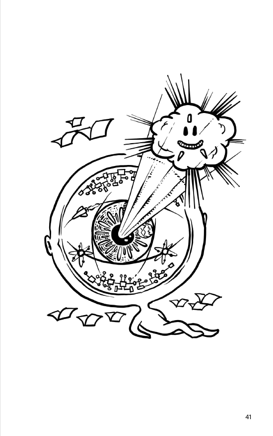 Ilustración de Stefano Cardini: un ojo dentro de una cabeza, atravesado por un haz de luz que viene de una nube sonriente.